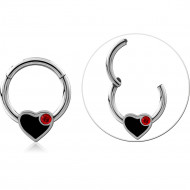 STEEL HINGE SEGMENT RING BLACK HEART WITH RED GEM ACCENT PIERCING