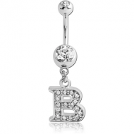 SURGICAL STEEL DOUBLE JEWELLED NAVEL BANANA WITH JEWELLED LETTER CHARM - B