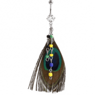 RHODIUM PLATED BRASS JEWELLED NAVEL BANANA WITH DANGLING CHARM - FEATHER PIERCING