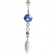 RHODIUM PLATED BRASS JEWELLED NAVEL BANANA WITH DANGLING CHARM - FEATHER