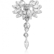 RHODIUM PLATED BRASS JEWELLED BUTTERFLY REVERSE NAVEL BANANA WITH DANGLING CHARM - PEAR PIERCING