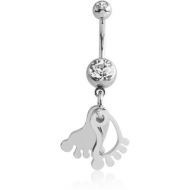 RHODIUM PLATED DOUBLE JEWELLED NAVEL BANANA WITH FOOT SHADOW CHARM PIERCING
