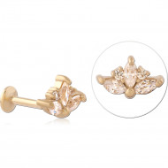 GOLD PVD 18K COATED SURGICAL STEEL INTERNAL LABRET MARQUISE AND ROUND CLUSTER PIERCING