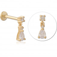 GOLD PVD 18K COATED SURGICAL STEEL INTERNAL LABRET PEAR GEM DANGLE