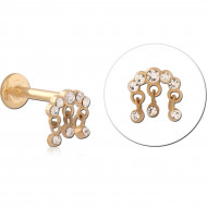 GOLD PVD 18K COATED SURGICAL STEEL INTERNAL LABRET GEM ARCH WITH DANGLING GEMS PIERCING