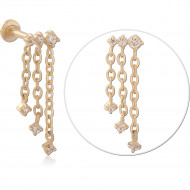 GOLD PVD 18K COATED SURGICAL STEEL INTERNAL LABRET TRIPLE CHAIN GEM DANGLES