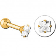 GOLD PVD 18K COATED SURGICAL STEEL SQUARE PRONG SET JEWELED TRAGUS MICRO BARBELL PIERCING