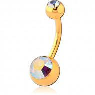 GOLD PVD COATED SURGICAL STEEL DOUBLE OPTIMA CRYSTALS NAVEL BANANA PIERCING