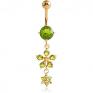 GOLD PVD COATED BRASS JEWELLED FLOWER NAVEL BANANA WITH DANGLE CHARMS PIERCING