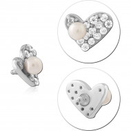 316L SURGICAL STEEL INTERNAL THREADED ATTACHMENT HEART CLEAR GEM AND PEARL PIERCING