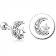 SURGICAL STEEL JEWELLED TRAGUS MICRO BARBELL - CRESCENT AND STAR PIERCING