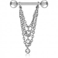 SURGICAL STEEL JEWELLED NIPPLE BAR WITH CHAIN PIERCING