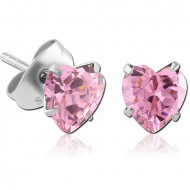 SURGICAL STEEL HEART PRONG SET JEWELLED EAR STUDS PAIR