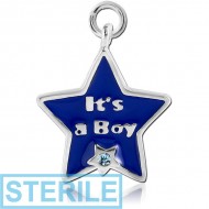 STERILE RHODIUM PLATED BRASS JEWELLED CHARM WITH ENAMEL - ITS A BOY PIERCING