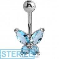 STERILE RHODIUM PLATED BRASS JEWELLED BUTTERFLY NAVEL BANANA PIERCING