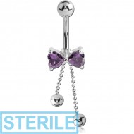 STERILE RHODIUM PLATED BRASS JEWELLED BOW NAVEL BANANA PIERCING