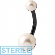 STERILE BLACK PVD COATED SURGICAL STEEL DOUBLE SYNTHETIC PEARL BALL NAVEL BANANA