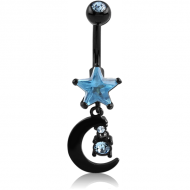 BLACK PVD COATED DOUBLE JEWELLED STAR FASHION NAVEL BANANA WITH MOON CHARM PIERCING