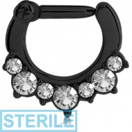 STERILE BLACK PVD COATED SURGICAL STEEL ROUND JEWELLED HINGED SEPTUM CLICKER