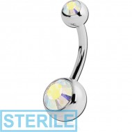 STERILE SURGICAL STEEL DOUBLE FLAT STONE JEWELLED NAVEL BANANA PIERCING