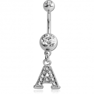 SURGICAL STEEL DOUBLE JEWELLED NAVEL BANANA WITH JEWELLED LETTER CHARM - A