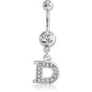 SURGICAL STEEL DOUBLE JEWELLED NAVEL BANANA WITH JEWELLED LETTER CHARM - D