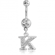 SURGICAL STEEL DOUBLE JEWELLED NAVEL BANANA WITH JEWELLED LETTER CHARM - K