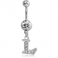 SURGICAL STEEL DOUBLE JEWELLED NAVEL BANANA WITH JEWELLED LETTER CHARM - L