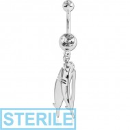 STERILE SURGICAL STEEL DOUBLE JEWELLED NAVEL BANANA WITH FEATHER SHADOW CHARM PIERCING