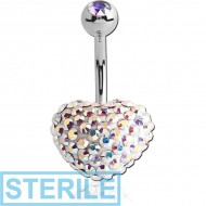 STERILE SURGICAL STEEL CRYSTALINE JEWELLED HEART NAVEL BANANA WITH JEWELLED BALL PIERCING