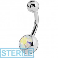 STERILE SURGICAL STEEL FLAT STONE JEWELLED NAVEL BANANA PIERCING