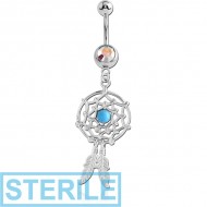 STERILE SURGICAL STEEL JEWELLED NAVEL BANANA WITH DREAMCATCHER FEATHERS CHARM PIERCING