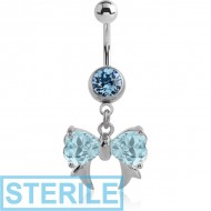 STERILE SURGICAL STEEL JEWELLED NAVEL BANANA WITH DANGLING CHARM - BOW WITH FANGS PIERCING
