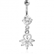 RHODIUM PLATED BRASS JEWELLED NAVEL BANANA WITH DANGLING CHARM - HEART