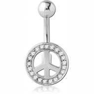 SURGICAL STEEL JEWELLED NAVEL BANANA - PEACE SIGN