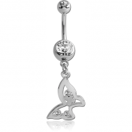 RHODIUM PLATED DOUBLE JEWELLED NAVEL BANANA WITH BUTTERFLY CHARM