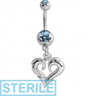 STERILE RHODIUM PLATED DOUBLE JEWELLED NAVEL BANANA WITH OPEN HEART CHARM PIERCING