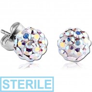 STERILE SURGICAL STEEL CRYSTALINE EAR STUDS PAIR