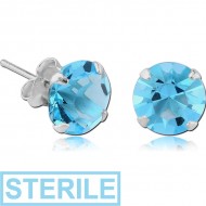 STERILE STERLING SILVER 925 JEWELLED PRONG SET ROUND EAR STUDS PAIR - 4MM PIERCING