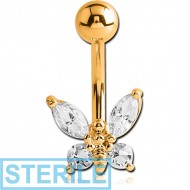 STERILE GOLD PVD COATED BRASS JEWELLED BUTTERFLY NAVEL BANANA PIERCING