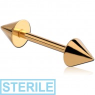 STERILE GOLD PVD COATED SURGICAL STEEL BARBELL WITH CONES
