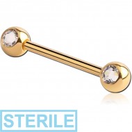 STERILE GOLD PVD COATED SURGICAL STEEL DOUBLE SIDE SWAROVSKI CRYSTALS JEWELLED NIPPLE BARBELL PIERCING