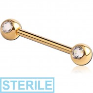 STERILE GOLD PVD COATED SURGICAL STEEL DOUBLE SIDE SWAROVSKI CRYSTALS JEWELLED NIPPLE BARBELL