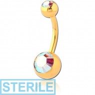 STERILE GOLD PVD COATED SURGICAL STEEL DOUBLE SWAROVSKI CRYSTALS JEWELLED NAVEL BANANA PIERCING