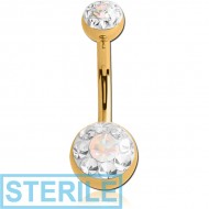 STERILE GOLD PVD COATED SURGICAL STEEL CRYSTALINE DOUBLE JEWELLED NAVEL BANANA