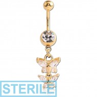 STERILE GOLD PVD COATED SURGICAL STEEL JEWELLED NAVEL BANANA WITH BUTTERFLY CHARM PIERCING