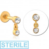 STERILE GOLD PVD COATED SURGICAL STEEL INTERNALLY THREADED JEWELLED MICRO LABRET PIERCING