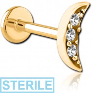 STERILE GOLD PVD COATED SURGICAL STEEL INTERNALLY THREADED JEWELLED MICRO LABRET - CRESCENT 3 GEMS PIERCING