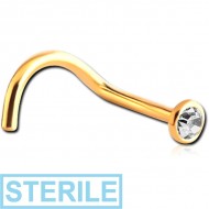 STERILE GOLD PLATED SURGICAL STEEL JEWELED CURVED NOSE STUD PIERCING