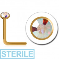 STERILE GOLD PVD COATED SURGICAL STEEL SWAROVSKI CRYSTAL JEWELLED 90 DEGREE NOSE STUD